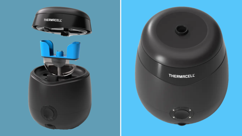 On left, black Thermacell E55 Rechargeable Mosquito Repeller device with blue cartridge exposed in the middle next to top shot of the Black Thermacell E55 Rechargeable Mosquito Repeller device.
