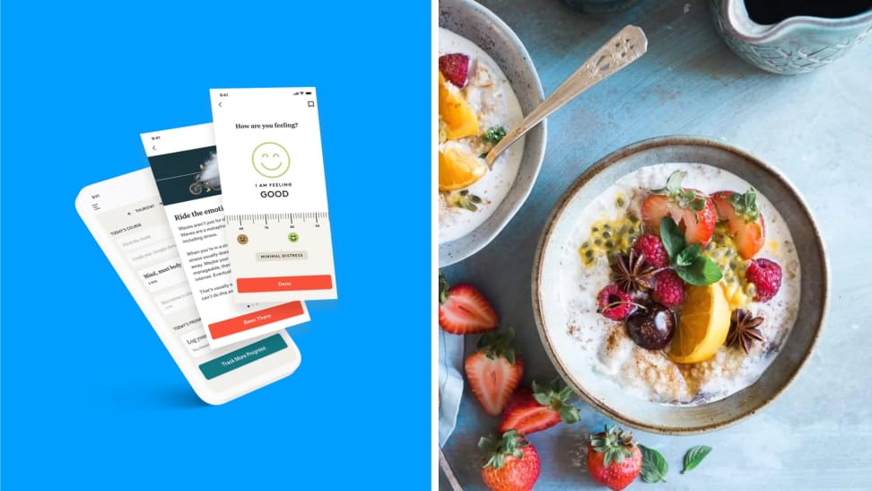 A smartphone with Noom screenshots next to a food display