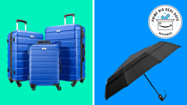 A collage of Amazon products with luggage and an umbrella.