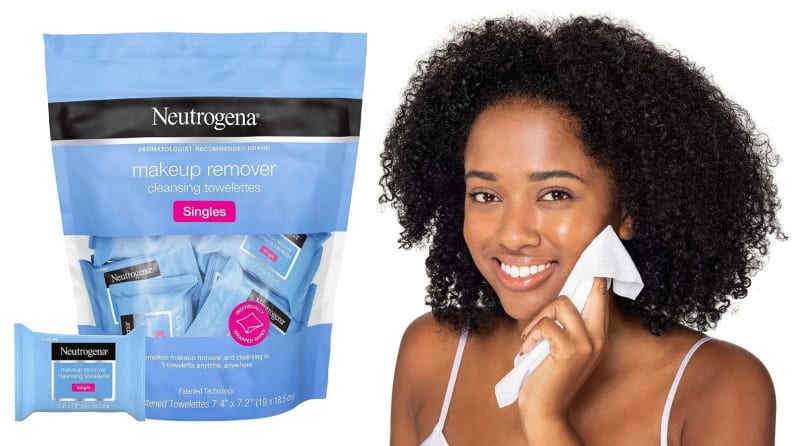 On the left: A transparent package filled with individually wrapped Neutrogena makeup wipes. On the right: A model using a makeup wipe on her skin.