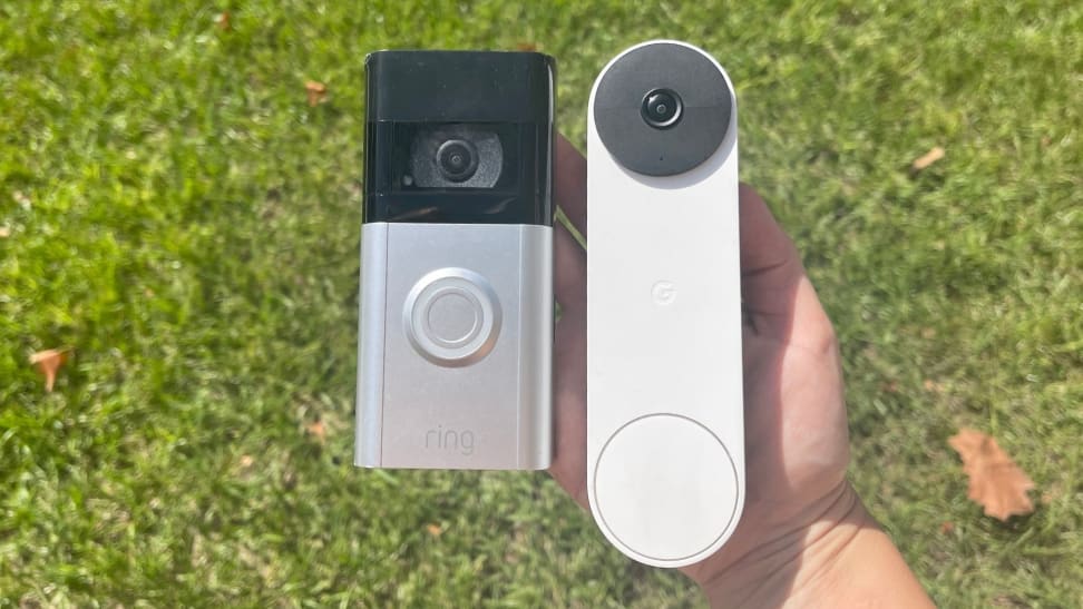 Ring Video Doorbell 4 next to the Google Nest Doorbell (battery)