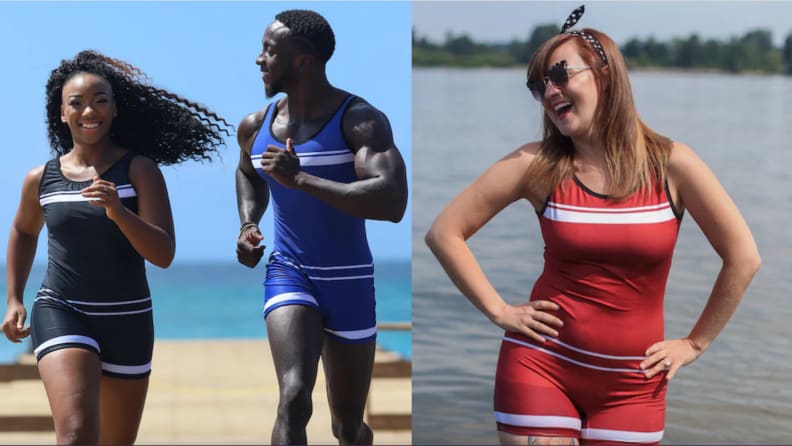 Models displaying gender neutral vintage one-piece swimsuit.