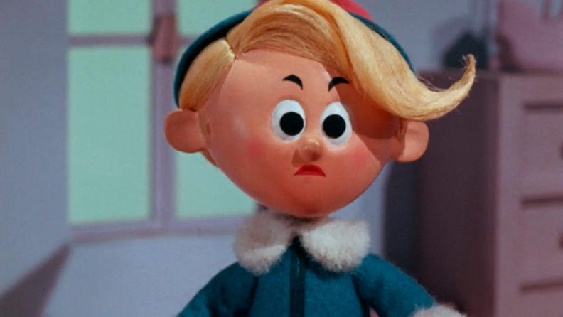 In stunning stop motion, crowd-favorite elf (and dentist want-to-be) Hermey looks sad as he dreams about the dental future he wants in 1964's Rudolph the Red-Nosed Reindeer.