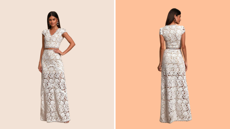 Two images of a model wearing a white wedding gown against a blush background.