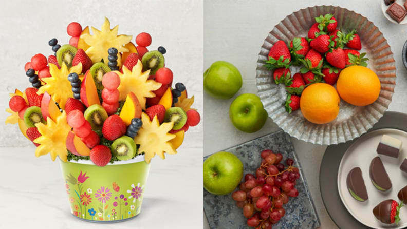 On left, colorful fruit arrangement. On right, assorted fruits on plates.