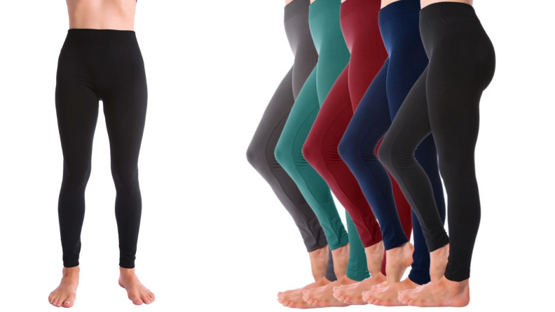 A model (photographed from the waist down at two different angles) shows off different colors of fleece-lined leggings.