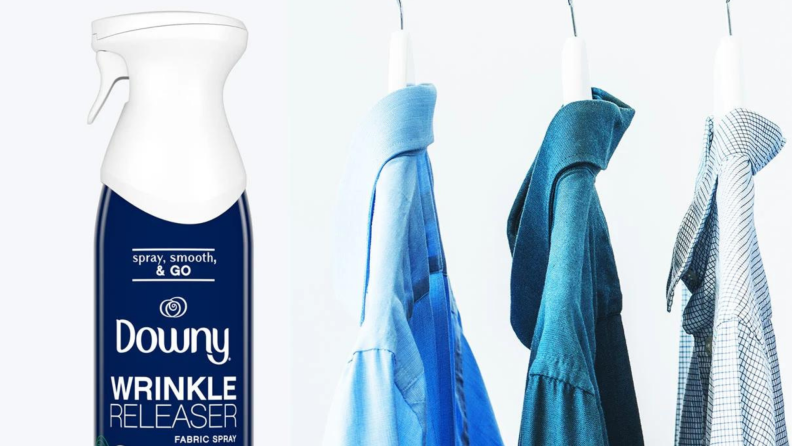 On the left, a bottle of Downy wrinkle release.