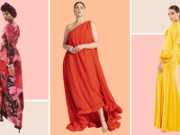 Collage images of a model wearing a red floral dress, a model wearing a flowing red gown, and a model wearing a yellow dress with love sleeves.