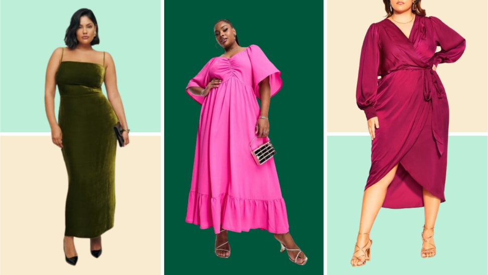 Collage image of women wearing a velvet maxi dress, a pink maxi dress, and a red satin wrap dress with long sleeves.