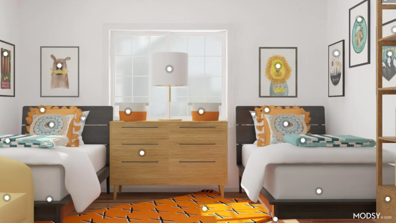 A 3D rendering of a kids room with twin beds