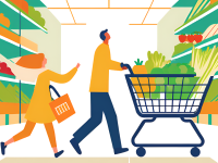 Shoppers pushing grocery cart through wholesale club aisle with food.