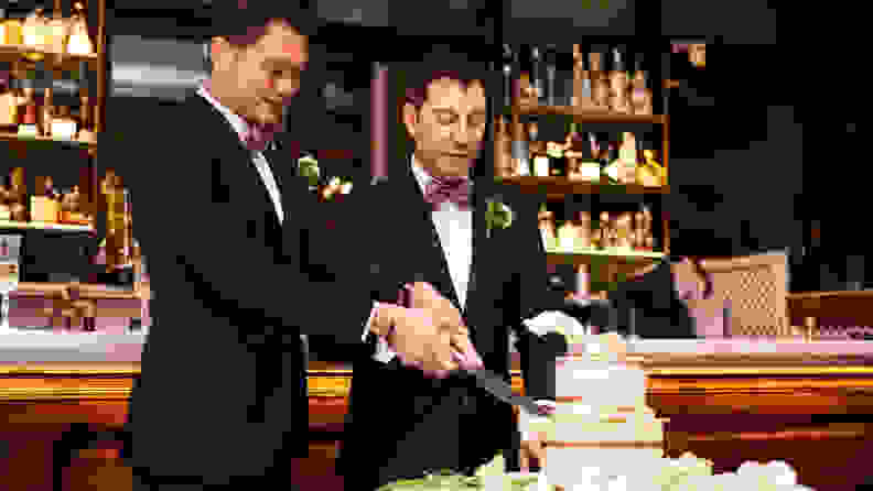 Wedding concepts, getting ready for the big day. Homosexual couple marring in Barcelona.