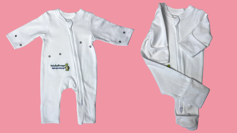 White onesie from Baby Turtle Snaps on a pink background