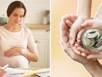 On left, mother holding baby bump while reviewing document. On left, family holding coin jar in hands.