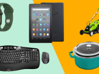 Apple watch, computer keyboard, Amazon tablet, dutch oven, and lawnmower.