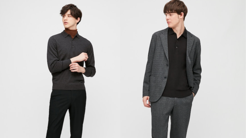 Two images of male models wearing the same polo sweater, one in gray and the other in black.