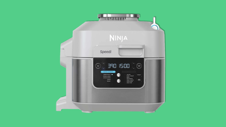 The Ninja Speedi Rapid Cooker and Air Fryer on a green background.