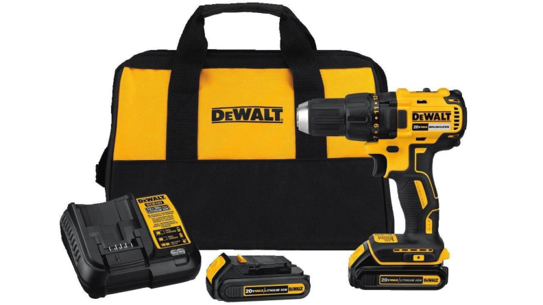 Product shot of yellow and black DeWalt 20V DCD777C2 Cordless Drill with Driver Kit.