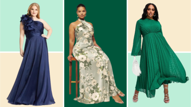 Collage image of women wearing a navy gown, a floral green gown, and a green pleated dress.
