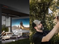 A split hero image from CES 2026 shows a Jackery smart outdoor living structure with built-in power and entertainment alongside a Defend solar-powered security camera being installed outdoors.