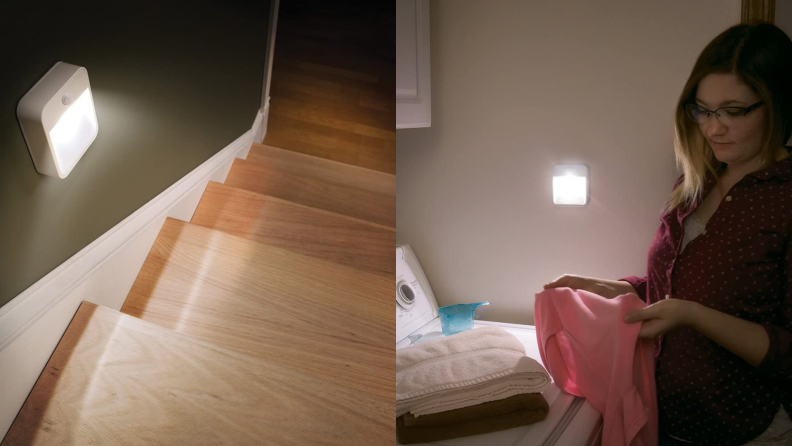 Motion-sensitive night lights along a staircase and in a laundry room.