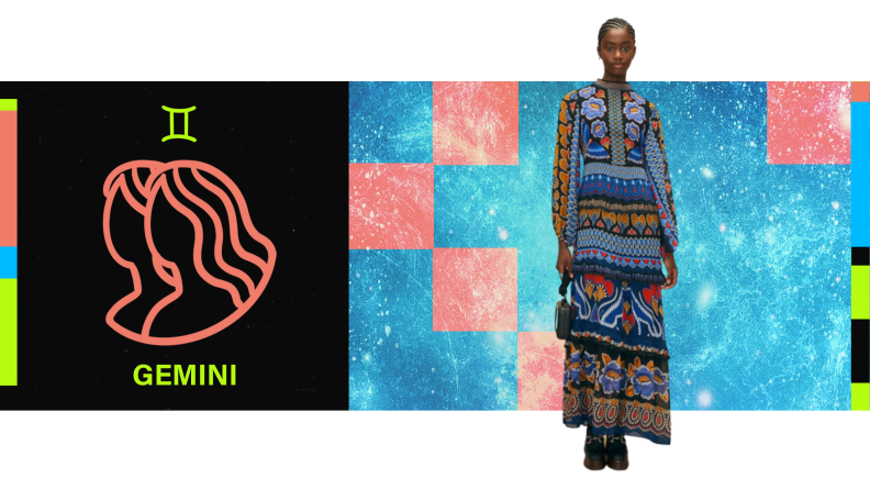 On the left is the symbol for Gemini, and on the right is a model wearing a black maxi dress with a floral and botanical print.