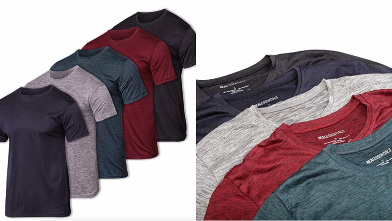 Five-pack of polyester T-shirts by Real Essentials, close-up of color range from Real Essentials T-shirts.
