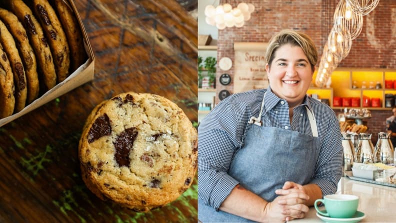Left: A box of chocolate chip cookies. Right: A portrait of chef and restaurant owner Kelly Fields.