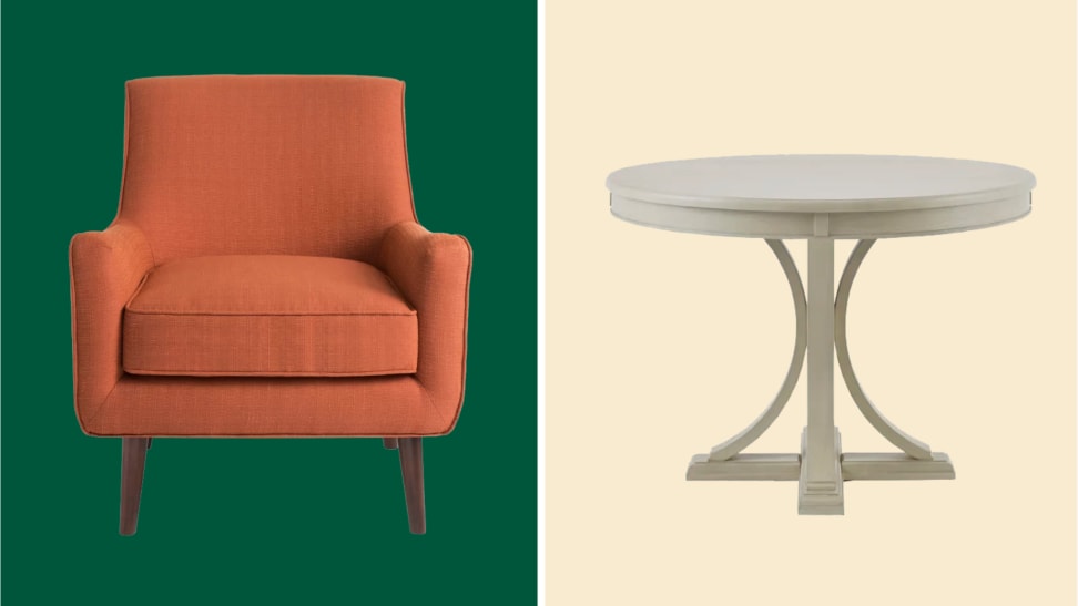 A discounted table and chair from Wayfair on a colorful background.