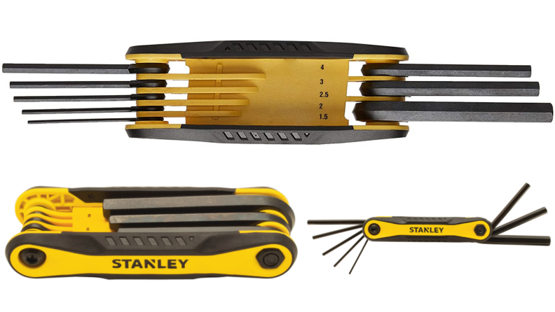 Three product shots of the yellow and black Stanley folding 8-piece hex key.