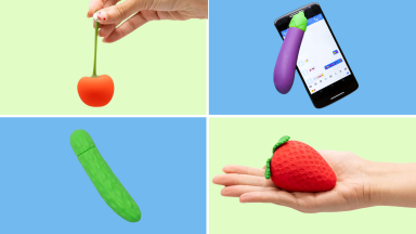 A photo collage several Emojibator sex toys including the Cherry, the Eggplant, the Pickle and the Strawberry.
