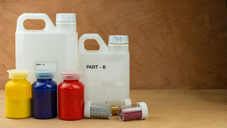 supplies for resin making on a table