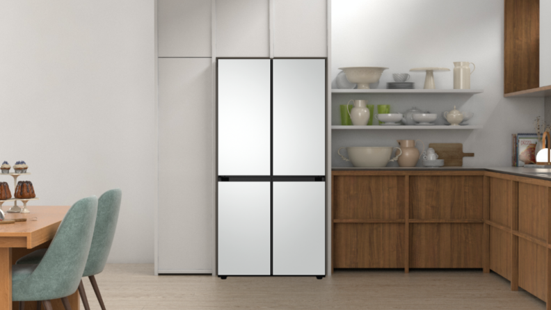 An image of the Bespoke fridge in a modern kitchen with its base colors in view.