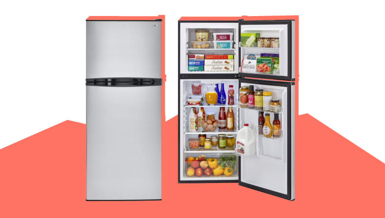 Two top-freezer Haier refrigerators sit on a white and red background.