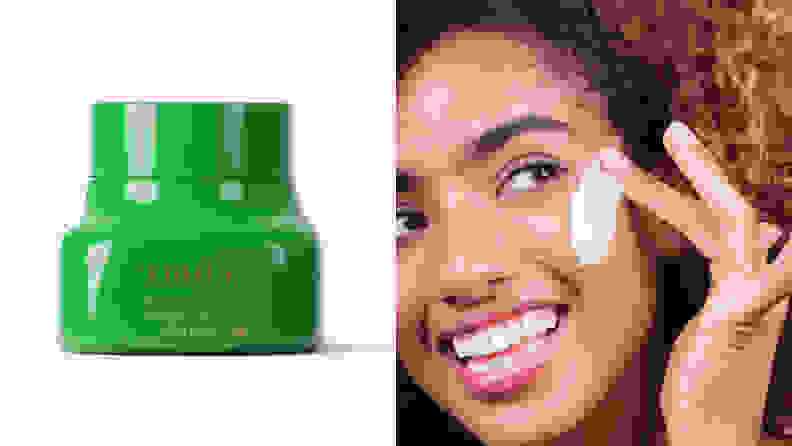 On the left: The green tub of the Flower Child CBD Face Cream sitting on a light pink background. On the right: A woman smiles and looks off into the distance while applying a thick amount of moisturizer to her cheek.