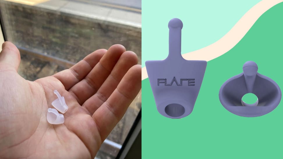 On left, person holding clear ear buds in palm. On right, purple ear buds.