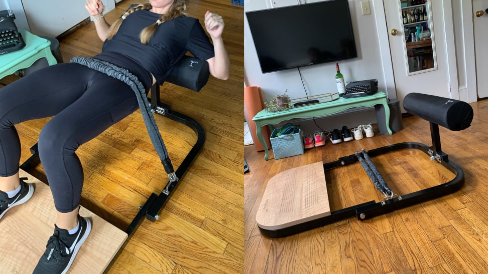 left: woman using bootysprout exercise machine. right: bootysprout exercise machine