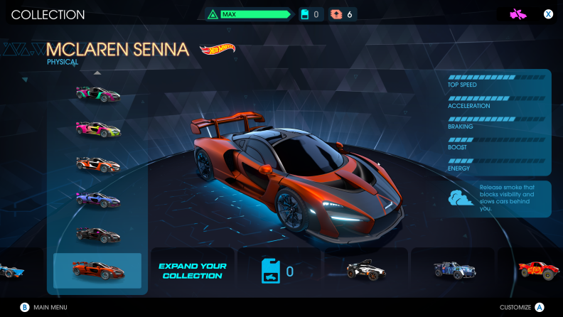 looking at the select screen for a mclaren senna racer