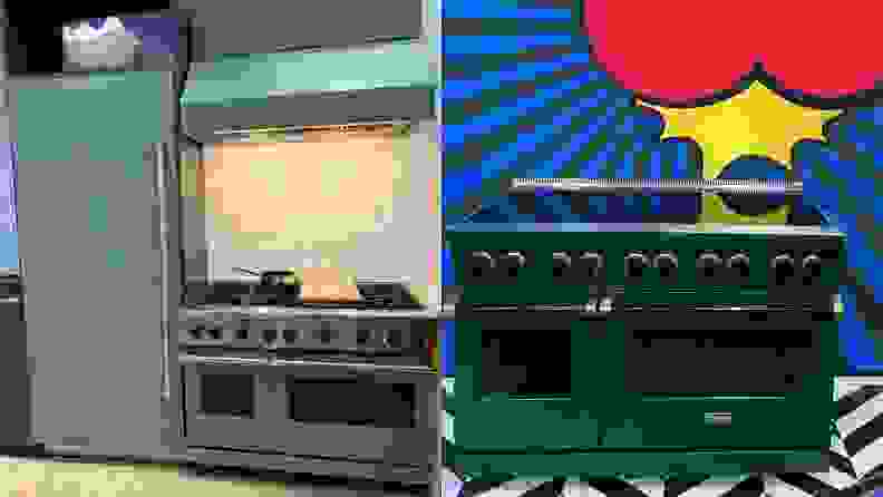 Left: Sage Viking kitchen set with range, hood, and fridge. Right: Emerald green Viking range with gold hardware