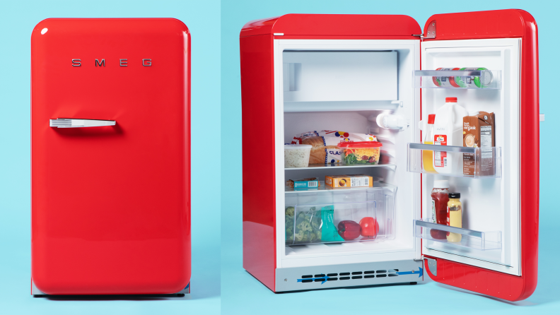 A side by side collage of a red Smeg FAB10URRD3 mini refrigerator closed and then opened to showcase an assortment of foods inside.