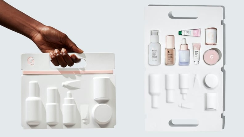 On the left: A person holding the Glossier Skincare Edit kit. On the right: The Glossier Skincare Edit packaging lays open to reveal mini products.