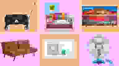 brown couch, black wagon, google nest hub, tv, circular fan, and a cricut printing machine