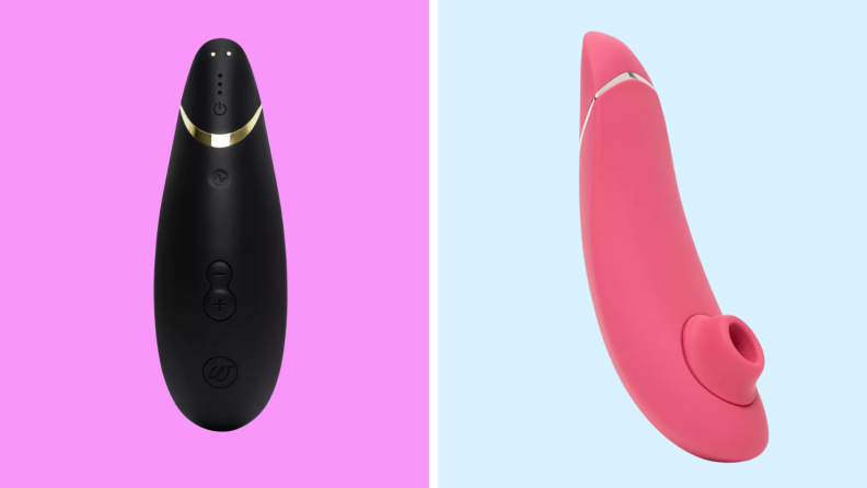 Two images of the same Womanizer Premium 2 clitoral stimulation vibrator, one in black, the other in pink.