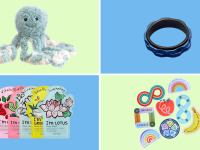 A stuffed animal octopus, LuckyArmor fidget ring, TonyMoly face masks, and a variety pack of Calm Strips.