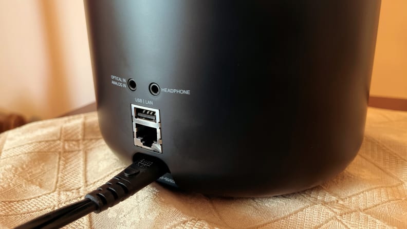 Connectivity ports on the back of the Bluesound Pulse M Bluetooth speaker.