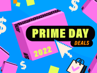 A graphic displaying some Amazon boxes colored purple floating across a blue background with some dollar signs and orange and green squares. In the center is a white mouse cursor slightly pixelated and a banner that says Prime Day Deals.