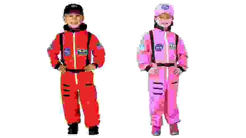 Boy in red space suit and girl in pink space suit