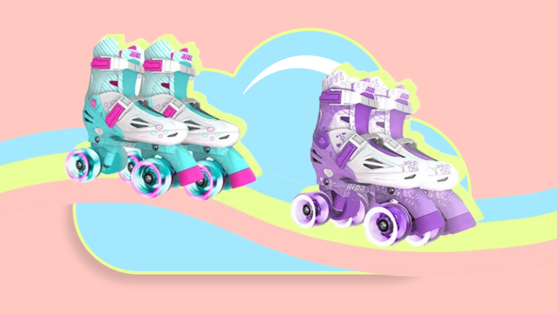 Blue and purple sets of roller skates.