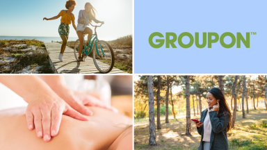 A woman walking in the woods, women biking on the beach, someone getting a massage, and the Groupon logo on a colorful collage.