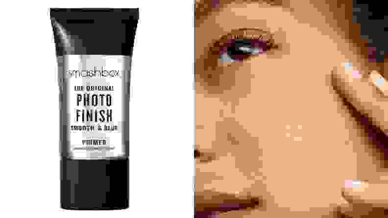 On left, bottle of black and silver Smashbox primer. On right, person smooth product on to their cheekbone.